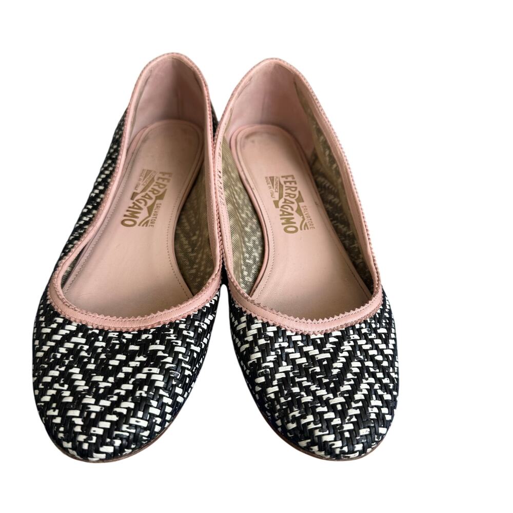 Salvatore Ferragamo Eracia Black White Pink Woven Ballet Flats Size 9